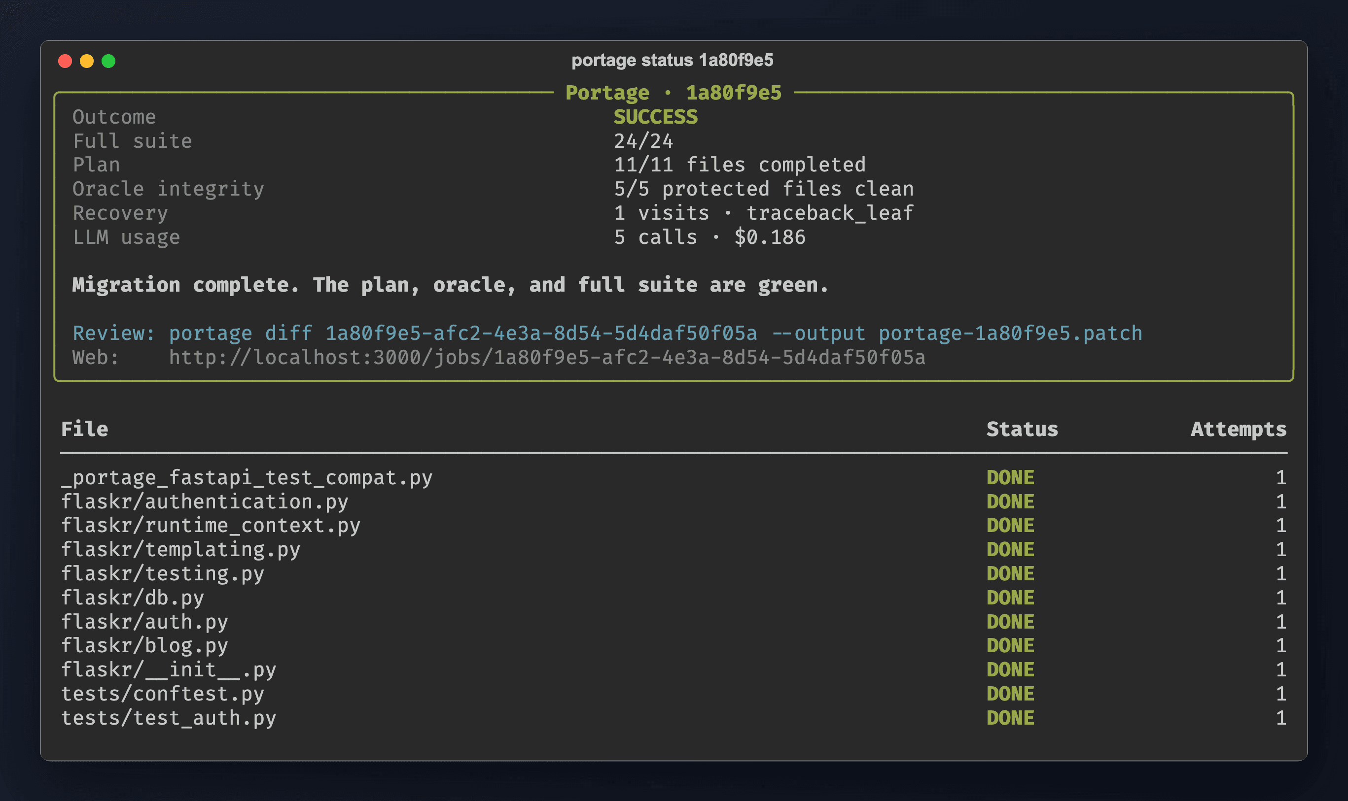 Portage CLI: task tree, attempts, and verdict for one job