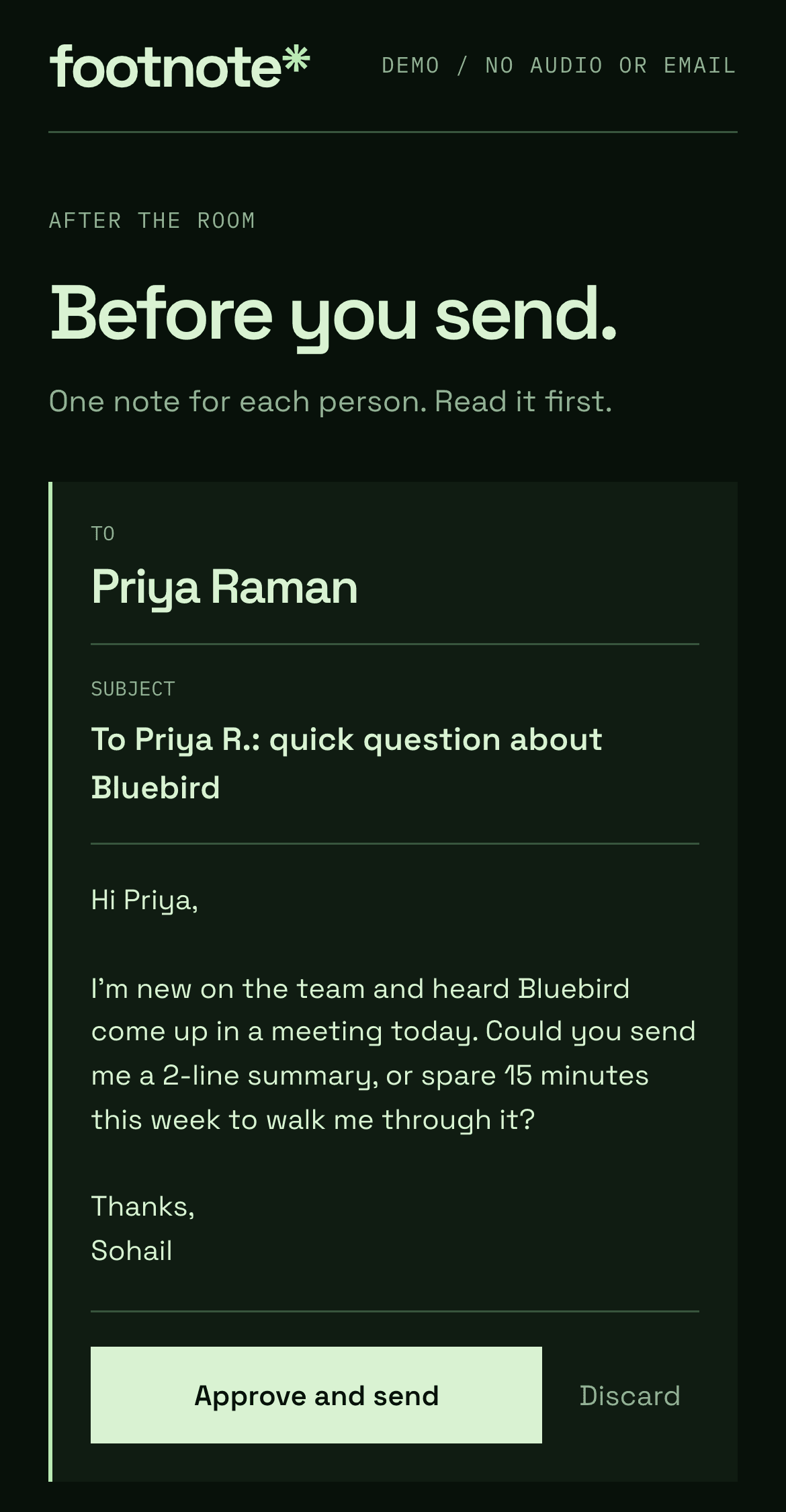 Footnote phone app showing the email to Priya about Bluebird before it is sent