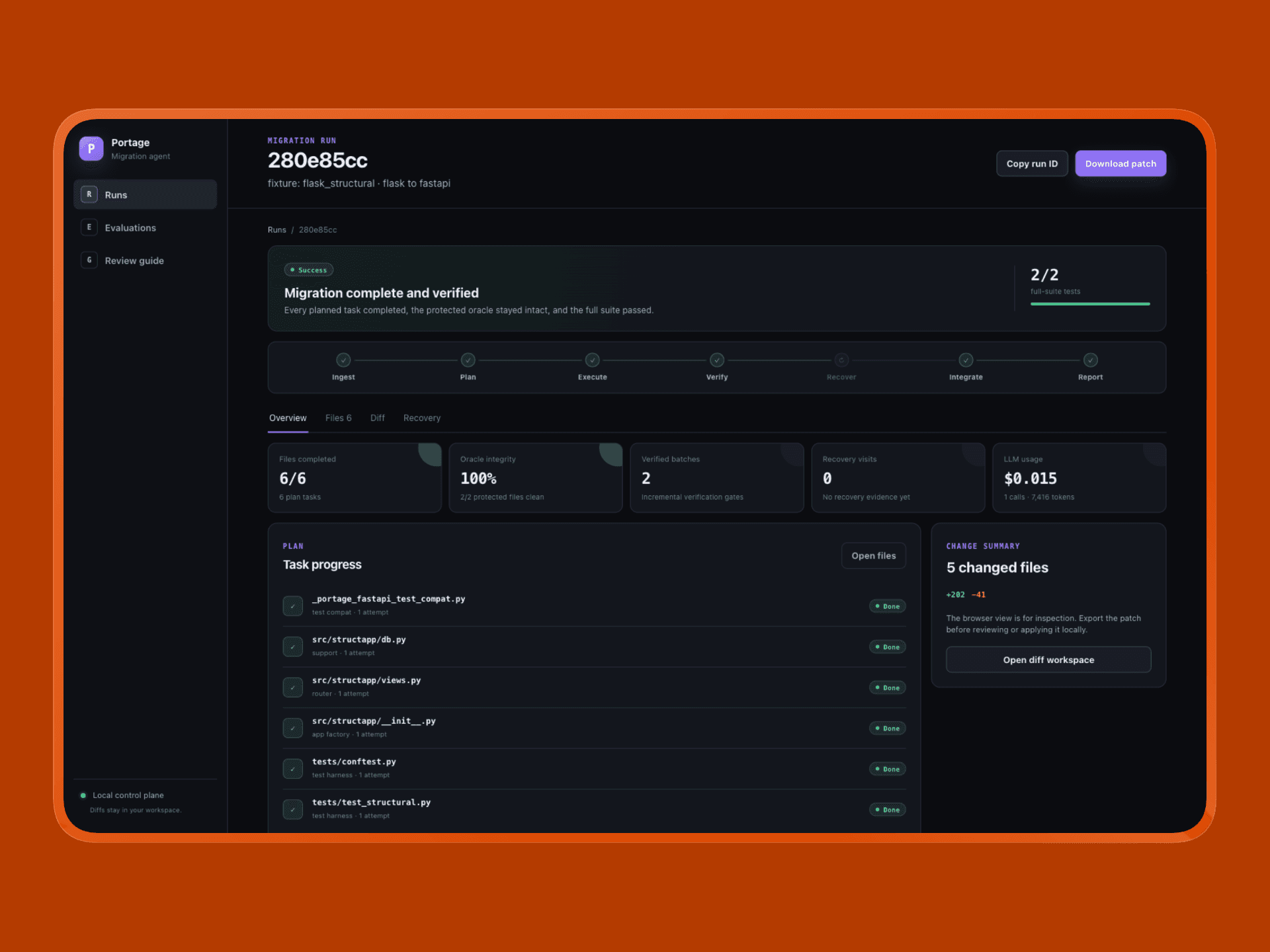 Portage dashboard: job detail with task tree, diffs, and recovery timeline