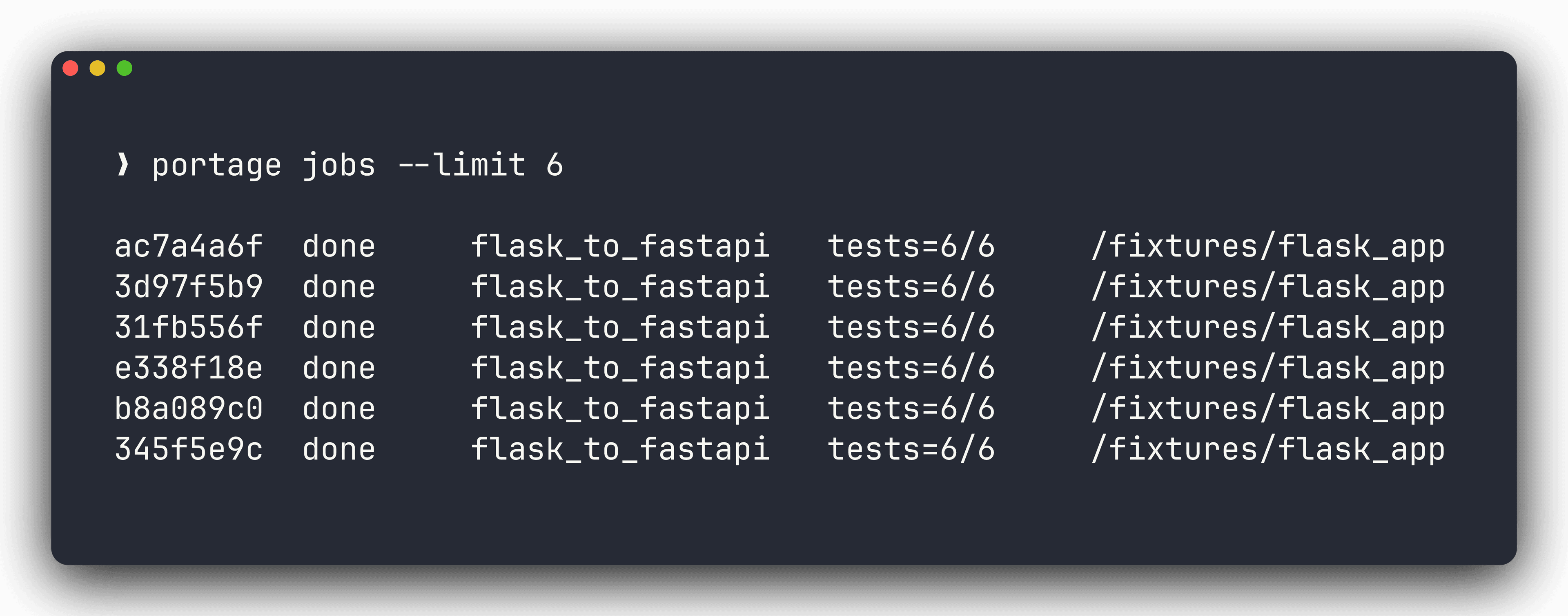 Portage CLI — recent jobs list with id, status, recipe, and test counts