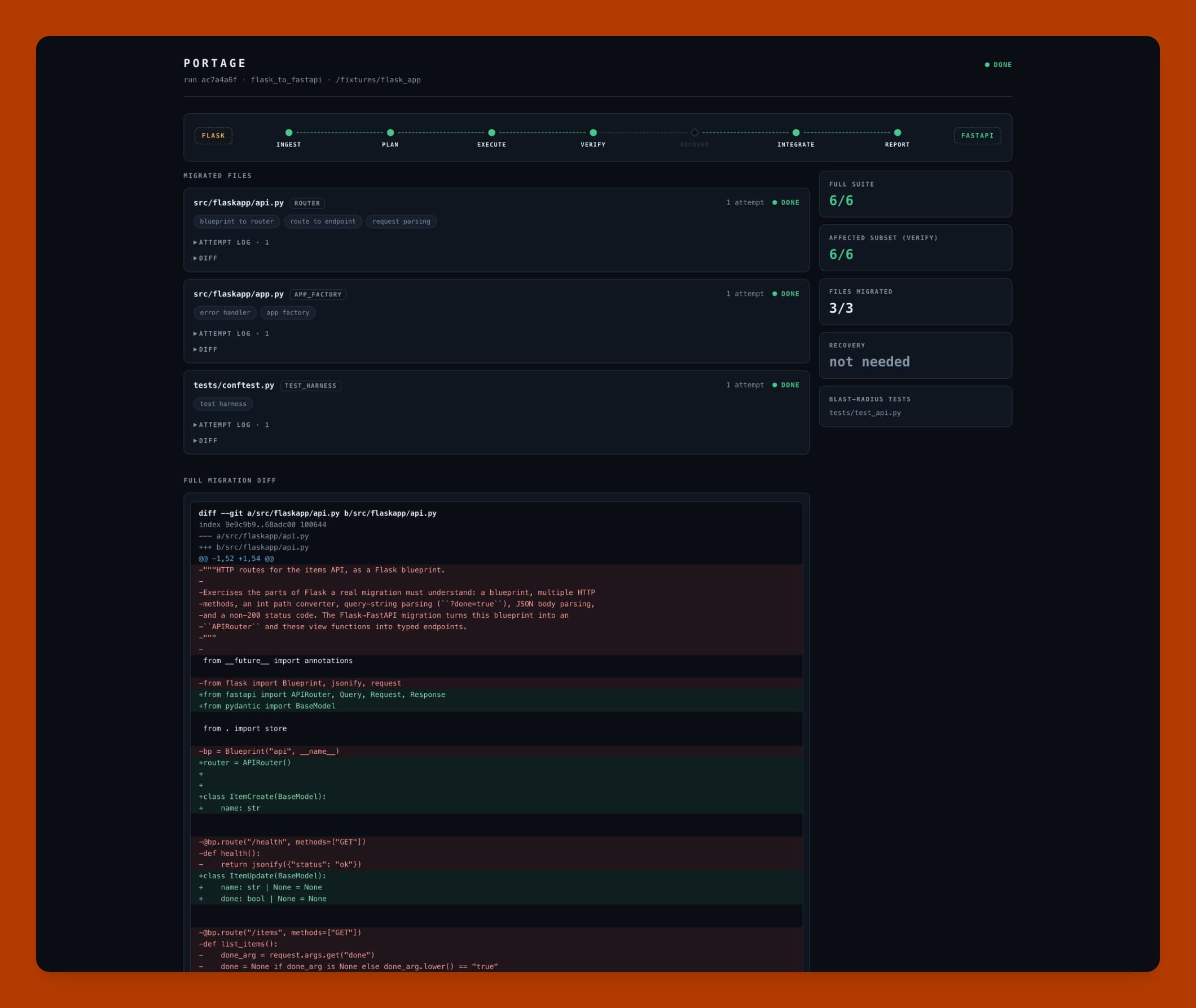 Portage dashboard — job detail with task tree, diffs, and recovery timeline